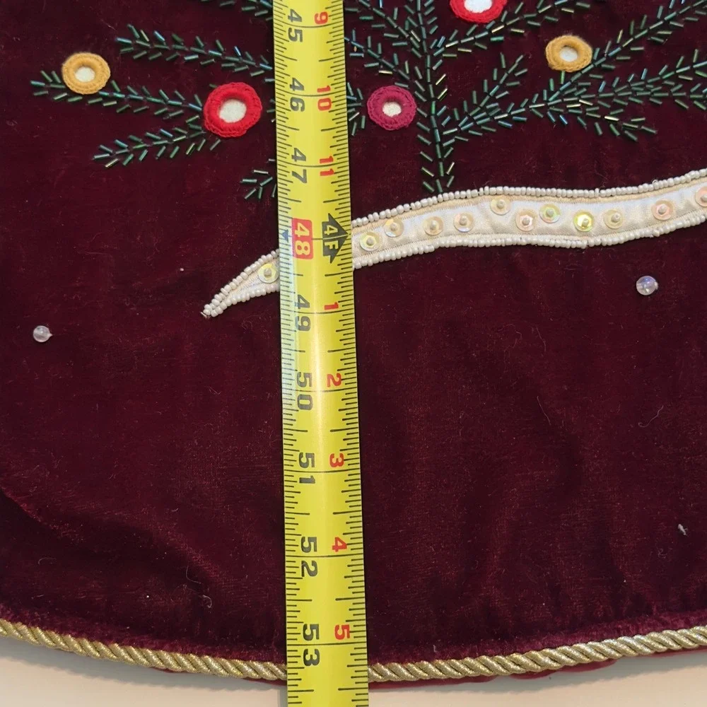 Burgundy Velvet Beaded Christmas Tree Skirt Embroidered Trees Gold Trim 53 Inch